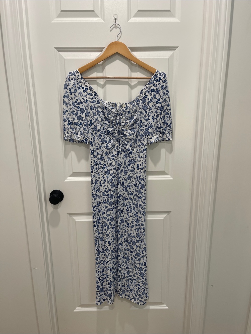 NWT Anthropologie White Maxi Dress with Blue Floral Print